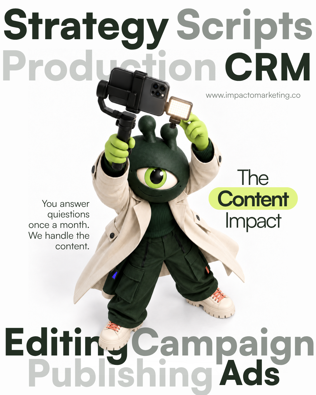 The Content Impact: strategy, scripts, production, CRM, editing, campaigns, publishing and ads handled by Impacto Marketing.